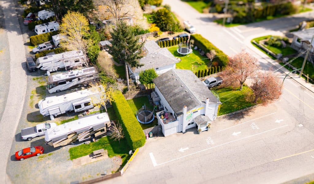 Aerial shot of Fort Victoria RV Park entrance with surrounding RV lots.
