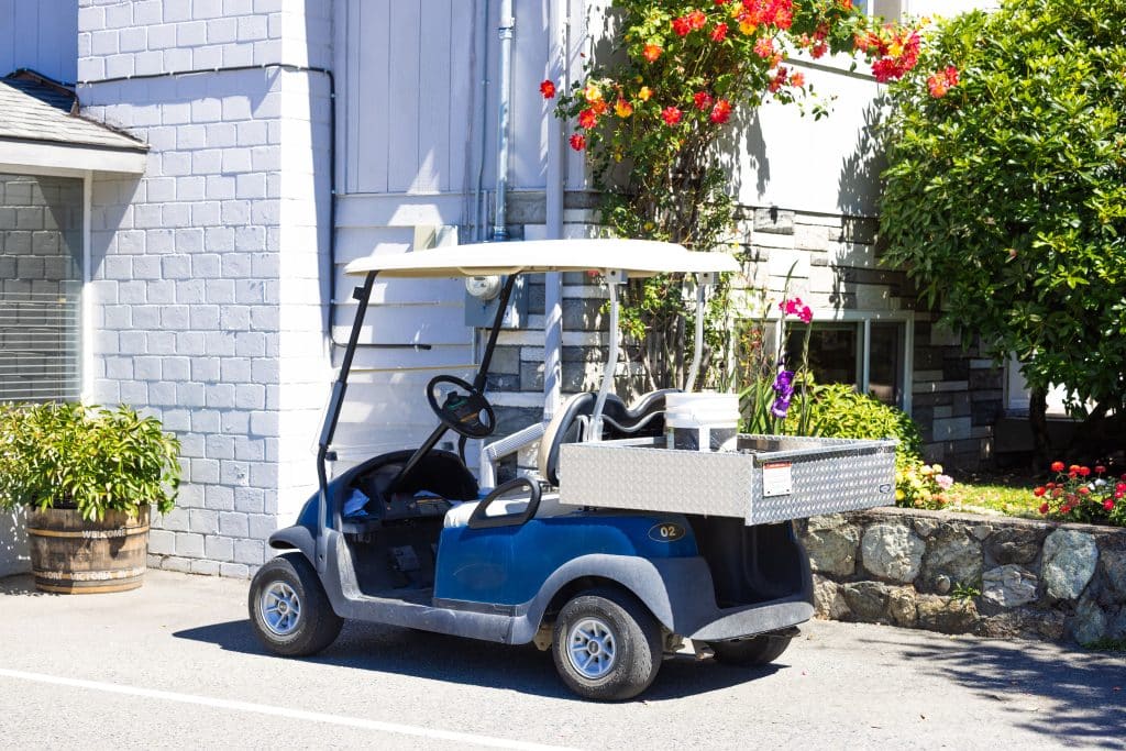 Golf cart decorated with flowers at Fort Victoria RV Park.
