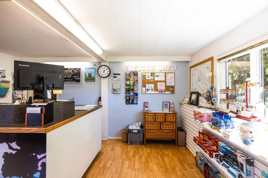 Front desk and reception area inside Fort Victoria RV Campground office