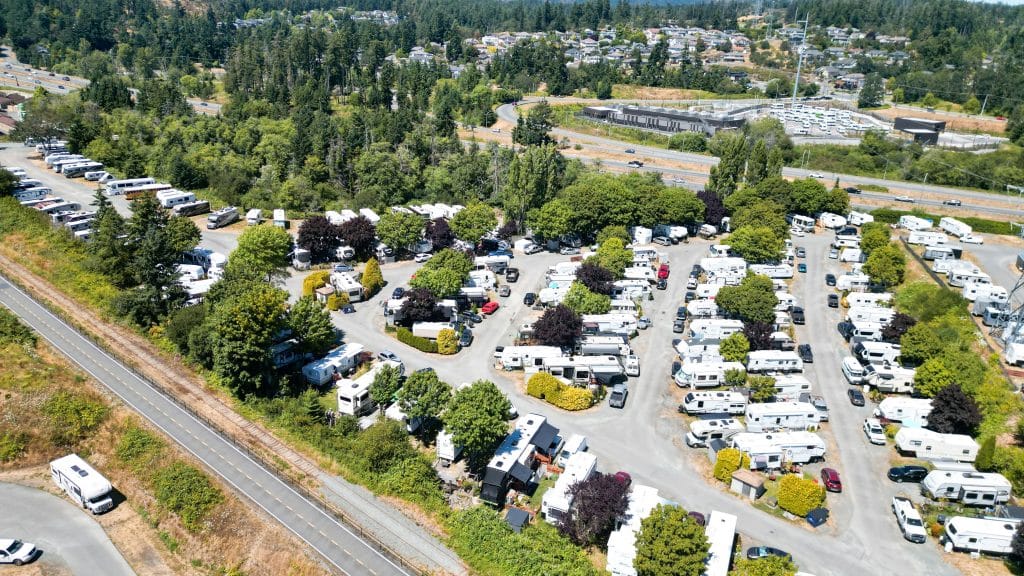 Overhead view of Fort Victoria RV Park located beside the Galloping